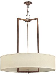 Hampton Large Chandelier With Linen Drum Shade in Brushed Bronze.